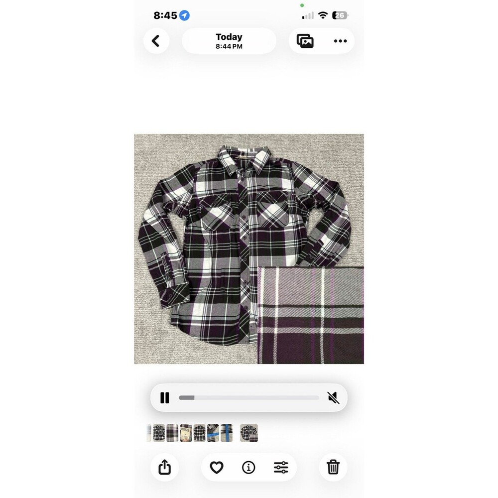 Duluth Shirt Womens Small Button Up Flannel Roll Tab Sleeve Purple Green Plaid